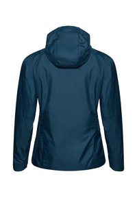 Veste imperméable bleue avec capuche, présentant une texture lisse et un design épuré. Comprend des poches latérales et une silhouette ajustée.