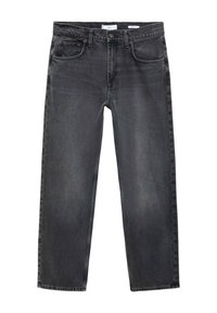 Jeans in denim nero con taglio dritto, cinque tasche e passanti per cintura. Il tessuto presenta una leggera sbiaditura con una superficie liscia e cuciture pulite.