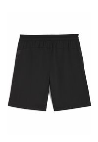 Sorte treningsshorts laget av lett materiale, med elastisk midjebånd og sidelommer i mesh med et subtilt teksturert mønster.