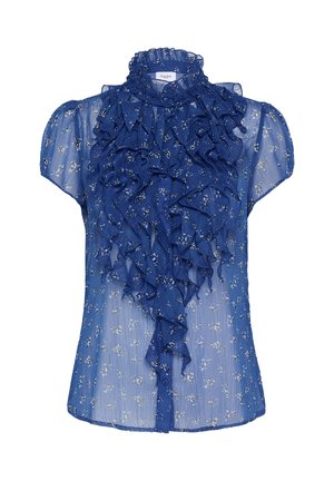 Zila, caurspīdīga blūze ar īsām pūkainām piedurknēm, krokojumu priekšpusē un ziedu rakstu. Aprīkota ar augstu apkakli un pogu aizdari. Mīksta tekstūra.