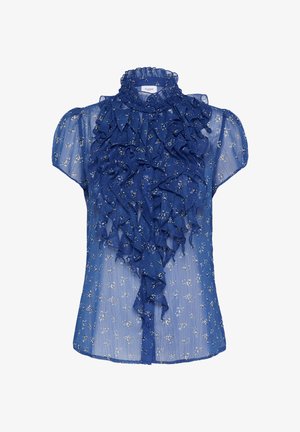 Zila, caurspīdīga blūze ar īsām pūkainām piedurknēm, krokojumu priekšpusē un ziedu rakstu. Aprīkota ar augstu apkakli un pogu aizdari. Mīksta tekstūra.