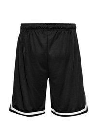 Shorts de sport noirs avec taille élastique et détail de bande blanche le long de l'ourlet sur fond blanc.