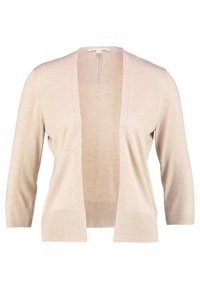 Beige lichtgewicht cardigan van zacht breiwerk, met een brede open voorkant, 3/4 mouwen en geribbelde details aan de boorden en onderkant.
