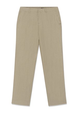 Pantalon beige à jambes droites avec poches latérales, passants pour ceinture et fermeture éclair, présenté à plat sur un fond blanc.