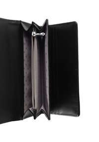 Black wallet featuring a smooth leather exterior, zippered compartment, and a polka dot interior lining with multiple card slots.