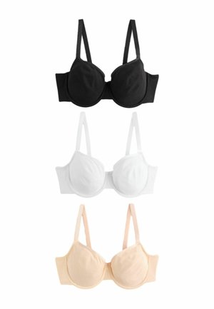 Tre polstrede underwired bh'er i sort, hvid og beige, arrangeret lodret på en hvid baggrund.