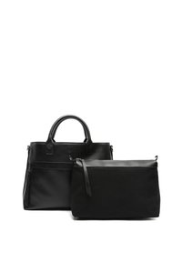Črna usnjena torba z dvema ročajema in sprednjim žepom, ki jo spremlja manjša črna tkaninska torbica z zadrgo in snemljivim trakom.