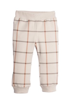 Kremowe spodnie dla malucha z prążkowaną talią i mankietami, w beżowy i jasnobrązowy wzór w kratę.