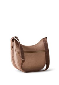 Brown textured handbag with a curved shape, featuring a gold zipper and a branded strap. Made of durable material.