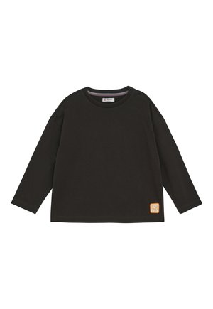 Zwart longsleeve crewneck shirt met een kleine oranje patch nabij de onderste zoom met de tekst "GOOD TIMES BY NPP."