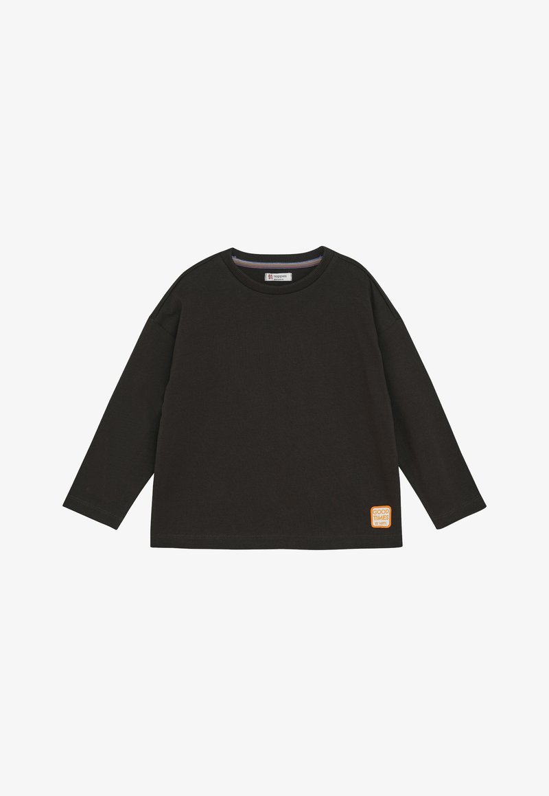 Black long-sleeve crewneck shirt with a small orange patch near the bottom hem reading "GOOD TIMES BY NPP."