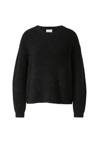 Schwarzer Strickpullover mit strukturiertem Muster, Rundhalsausschnitt und langen Ärmeln. Der Stoff wirkt weich und gemütlich mit einer lockeren Passform.