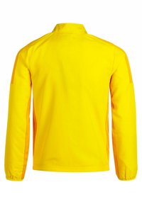 Gelbe Jacke mit hohem Kragen, langen Ärmeln und kontrastierenden orangefarbenen Seitenpaneelen. Hergestellt aus glattem, leichtem Stoff.