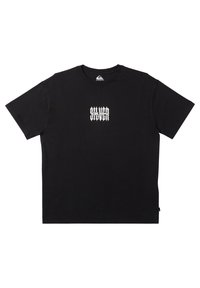 Black cotton t-shirt with a crew neck, featuring a white graphic logo centered on the chest. Short sleeves and a straight hem.