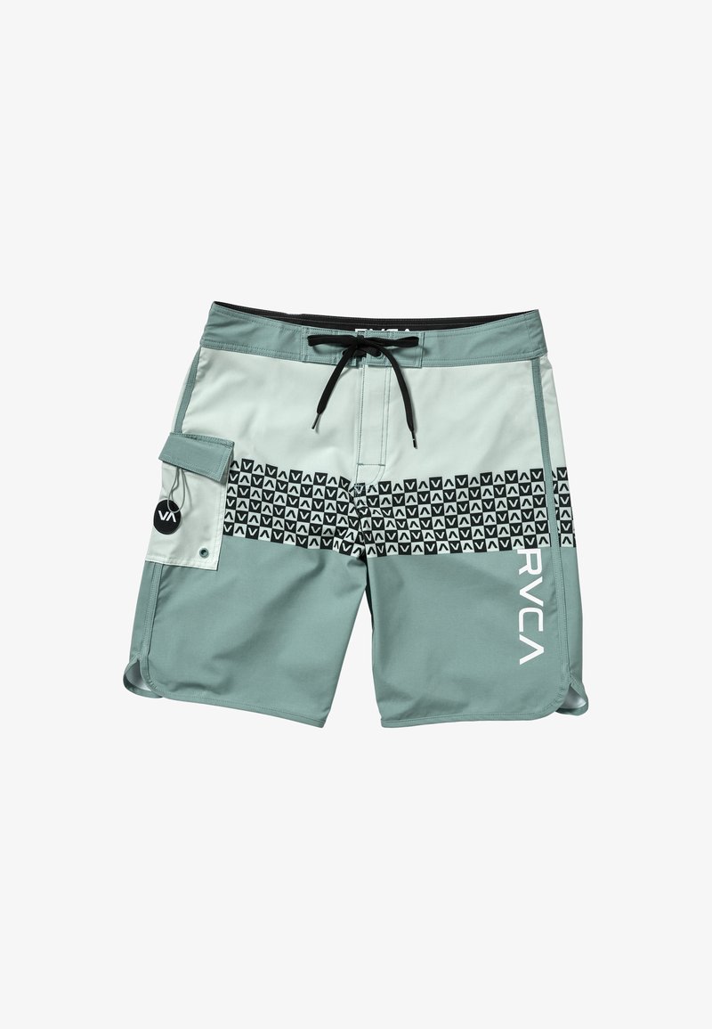 Zweifarbige grüne Boardshorts mit schwarzem geometrischem Musterband, schwarzem Kordelzug, Seitentasche mit Klappe und RVCA-Logo am rechten Bein.