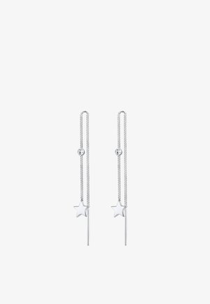 Silberne Tropf Ohrringe mit einem Stern und einem tapered Design, mit einer zarten Kette, die ein kreisförmiges Akzent über dem Stern verbindet.