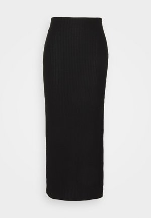 Svarte rullede midiskjørt med en tett silhuett, laget av et teksturert stoff, med høyt liv og rett kant.