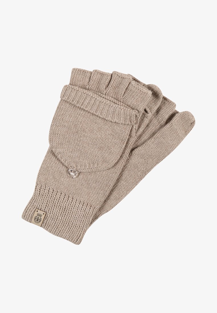 Beige gestrickte Fingerhandschuhe ohne Finger mit einem Bündchen, gerippter Textur und Knopfverschluss; verfügen über ein kleines Etikett im Handgelenkbereich.