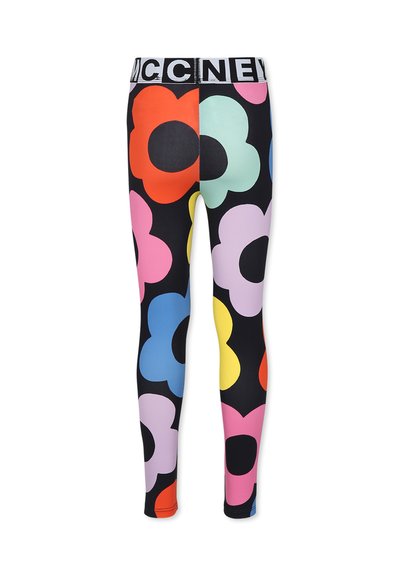 Leggings neri con grandi motivi floreali colorati in rosa, rosso, blu e giallo. Vita elastica con il testo "MCCNEY".