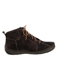 Bottine en suède marron foncé avec des coutures beige contrastantes, bout arrondi, design à lacets et semelle en caoutchouc texturé.