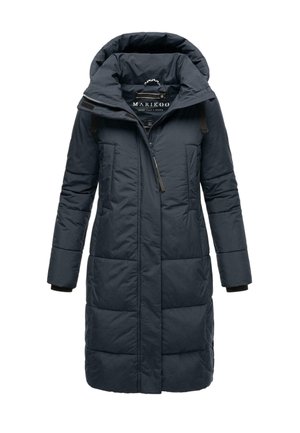 Geacă căptușită de culoare albastru marin cu glugă, având un fermoar pe toată lungimea față, două buzunare laterale și manșete negre. Material texturat cu un design matlasat.