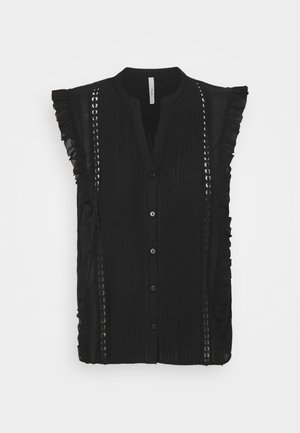 Zwarte mouwloze blouse met verticale kanten panelen, gerimpelde afwerking op de schouders, knoopsluiting aan de voorkant en subtiele verticale plooien.