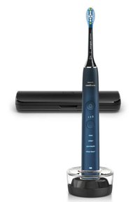 Spazzolino elettrico con manico blu, dettagli neri e una testina con setole verdi e blu. Include una custodia di ricarica nera.