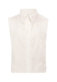Gilet bianco senza maniche realizzato in morbido fleece testurizzato, con colletto alto e zip anteriore. Design semplice e funzionale.