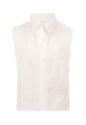 Gilet bianco senza maniche realizzato in morbido fleece testurizzato, con colletto alto e zip anteriore. Design semplice e funzionale.