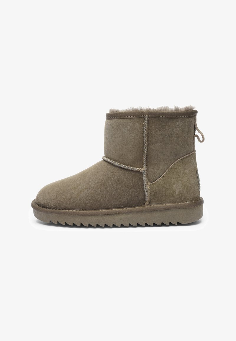 Brown suede ankle boot with shearling lining, flat thick sole, and pull tab at the back.