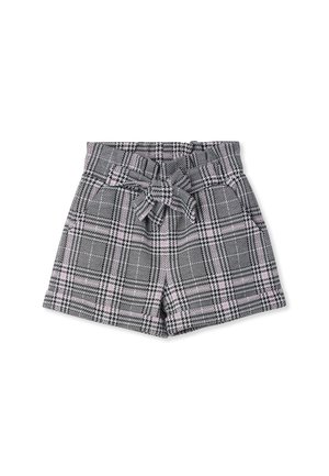 Shorts a scacchi in nero, bianco e rosa. Presentano una vita con cintura, due tasche frontali e un design strutturato. Realizzati in tessuto leggero.