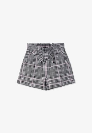 Shorts a scacchi in nero, bianco e rosa. Presentano una vita con cintura, due tasche frontali e un design strutturato. Realizzati in tessuto leggero.