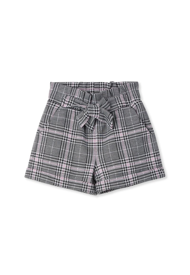 Shorts a scacchi in nero, bianco e rosa. Presentano una vita con cintura, due tasche frontali e un design strutturato. Realizzati in tessuto leggero.