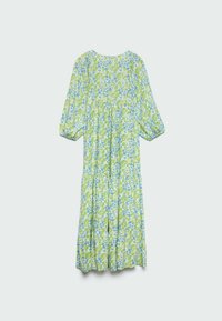 Langes Kleid mit Puffärmeln, das ein kleines blaues und grünes Blumenmuster auf einem hellen Stoffhintergrund zeigt.