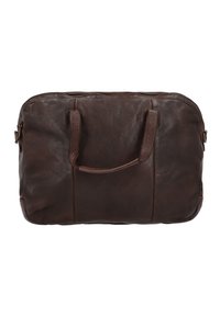Briefcase in pelle marrone con due manici corti e chiusura con zip superiore, mostrato su uno sfondo bianco.