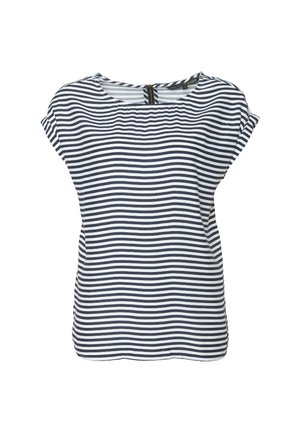 Blouse à manches courtes rayée bleu marine et blanche avec un col rond et une petite fermeture éclair au dos.