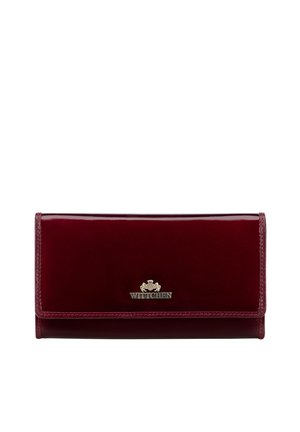 Glossy burgundy wallet made of synthetic leather with a gold logo accent. Features a rectangular shape and a smooth texture.