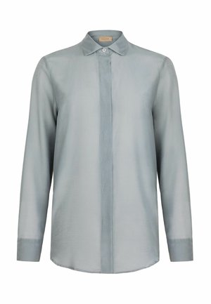 Lysegrå langærmet silke-bluse med skjult knaplukning, spids krave og lige kant.