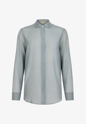Hellgraue Seidenbluse mit langen Ärmeln, verdeckter Knopfleiste, spitzem Kragen und geradem Saum.