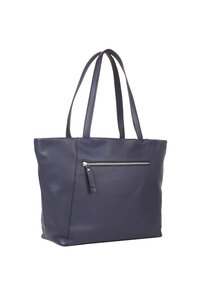 Borsa a tracolla in pelle di un blu navy scuro con finitura testurizzata, presenta doppi manici e una tasca frontale con zip per ulteriore spazio di archiviazione.