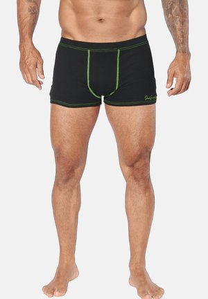 Schwarze Boxershorts mit grünen Nähten, einem engen Design, einem elastischen Bund und einer Fronttasche. Hergestellt aus einem weichen, dehnbaren Material.