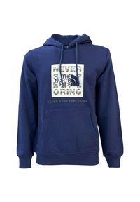 Felpa blu navy realizzata in misto cotone, con tasca frontale, cappuccio con stringa e logo stampato serigraficamente con testo sul petto.