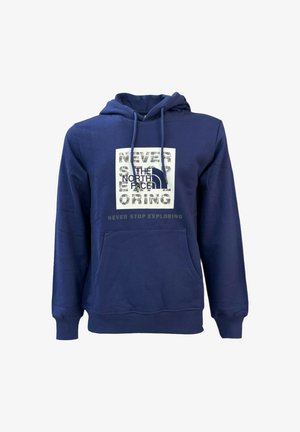 Felpa blu navy realizzata in misto cotone, con tasca frontale, cappuccio con stringa e logo stampato serigraficamente con testo sul petto.