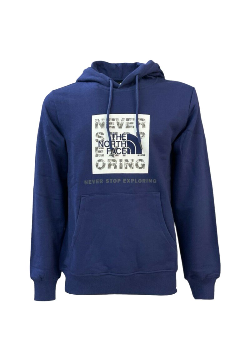 Felpa blu navy realizzata in misto cotone, con tasca frontale, cappuccio con stringa e logo stampato serigraficamente con testo sul petto.