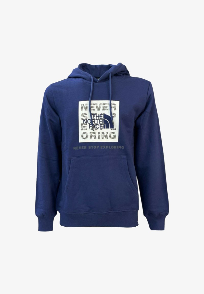 Felpa blu navy realizzata in misto cotone, con tasca frontale, cappuccio con stringa e logo stampato serigraficamente con testo sul petto.