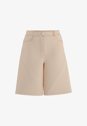 Short beige a vita alta con tasche frontali, passanti per cintura, chiusura con bottone e dettagli di cuciture visibili su sfondo bianco.