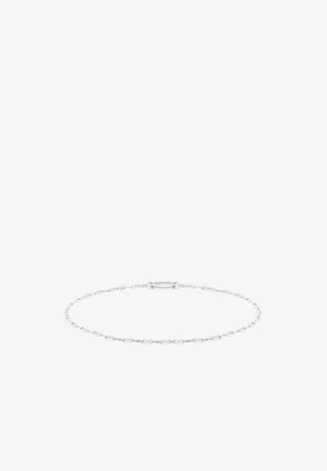 Fin sølvkæde med små, forbundne ovale led og en simpel oval lås på en hvid baggrund.