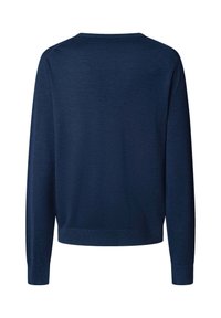 Jersey de manga larga azul marino con cuello redondo, hecho de una suave tela de punto, que presenta un dobladillo ajustado y una textura lisa.
