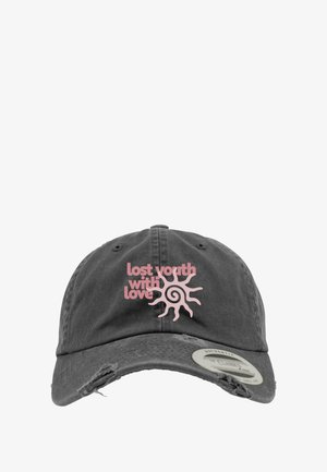 Szara bawełniana czapka baseballowa z różowym napisem "zgubiona młodość z miłością" oraz grafiką słońca, z postrzępionym brzegiem i regulowanym paskiem.