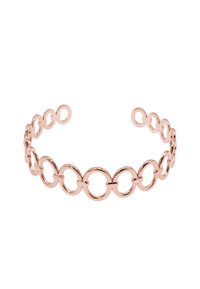 Bracciale a cuffia in oro rosa con anelli circolari interconnessi con finitura lucida. Il design aperto ne migliora la regolabilità.